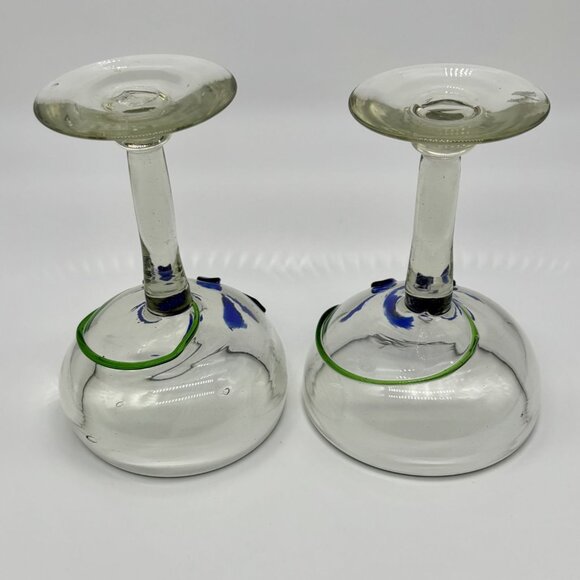 Handblown Margarita Glasses Cobalt Blue and Green Swirls Made in Mexico Set of 2 - Picture 8 of 14